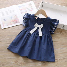 Vestido Infantil com Laço e Mangas Babado – Branco ou Azul Marinho