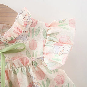 Vestido Infantil Feminino Estampado Coelhinhos e Flores com Laço – Conforto e Encanto para Todas as Ocasiões