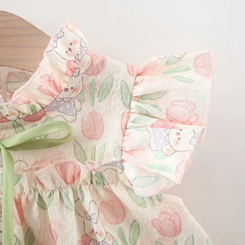 Vestido Infantil Feminino Estampado Coelhinhos e Flores com Laço – Conforto e Encanto para Todas as Ocasiões