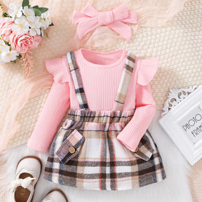 Conjunto Infantil Rosa com Saia Xadrez e Tiara