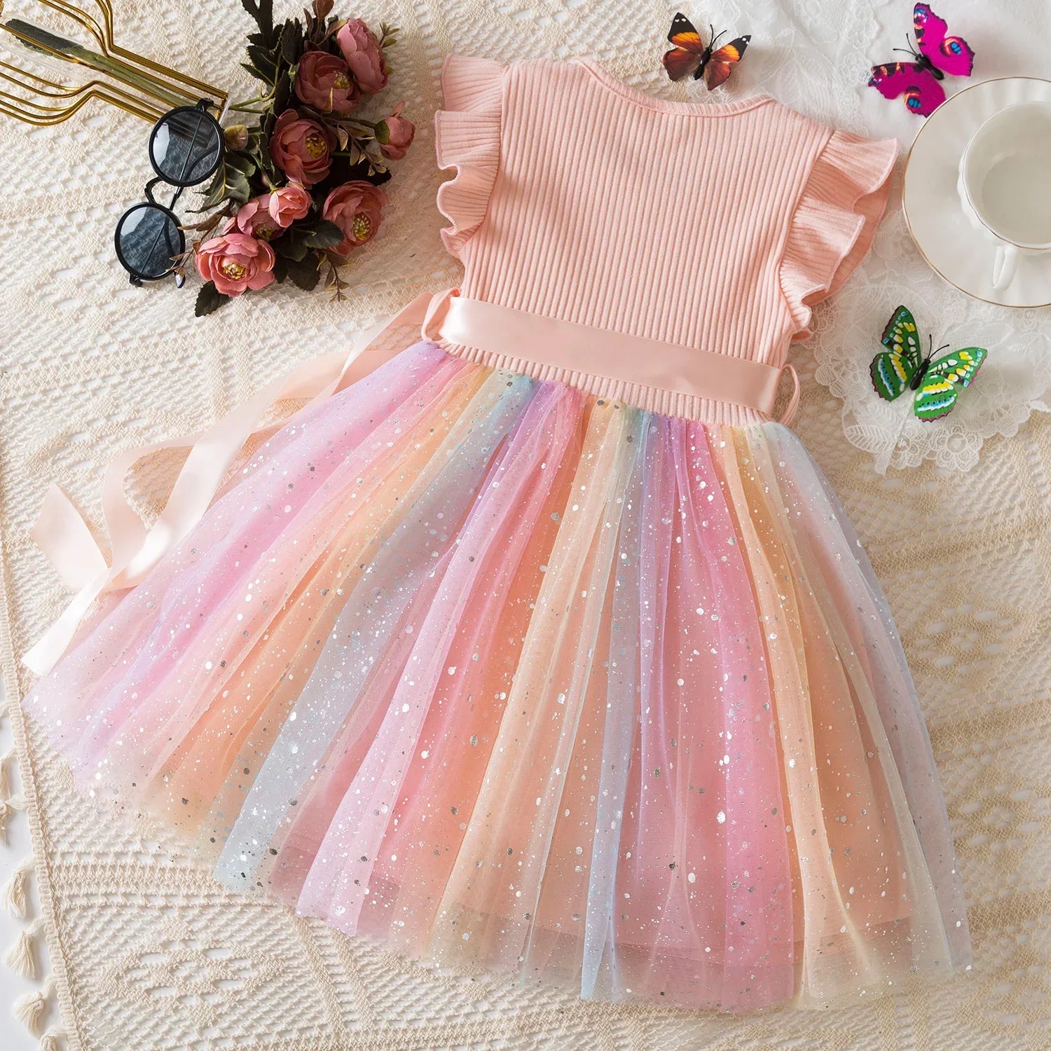 Vestido Infantil Rosa com Saia de Tule Arco-Íris
