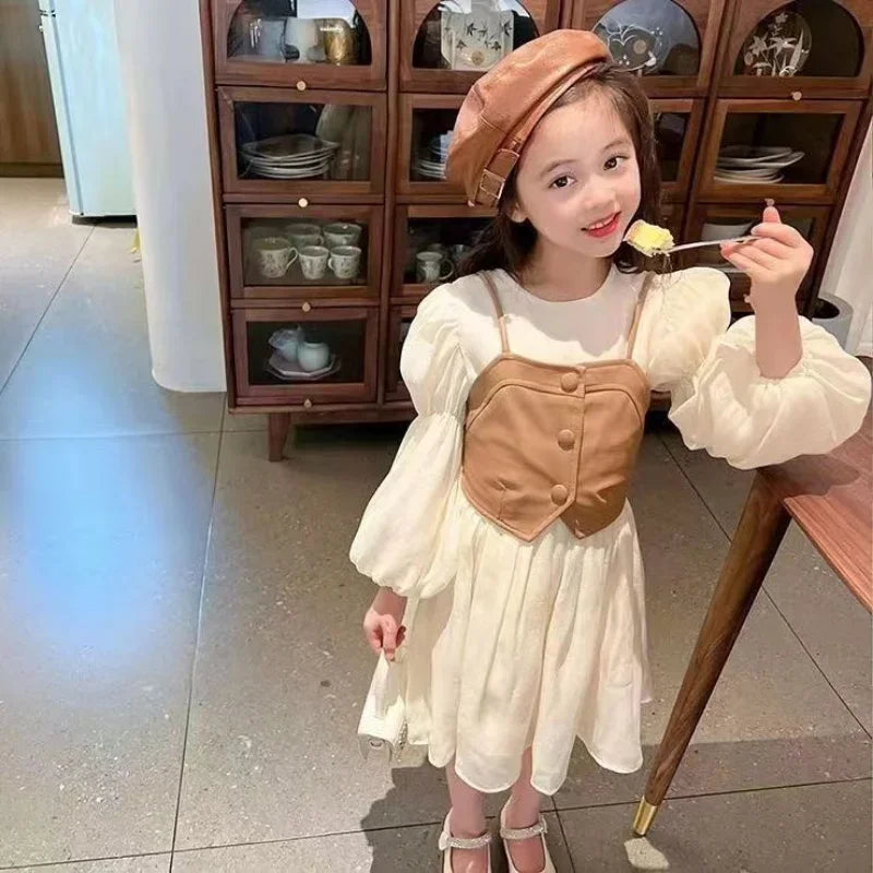 Vestido Infantil Creme com Colete Caramelo