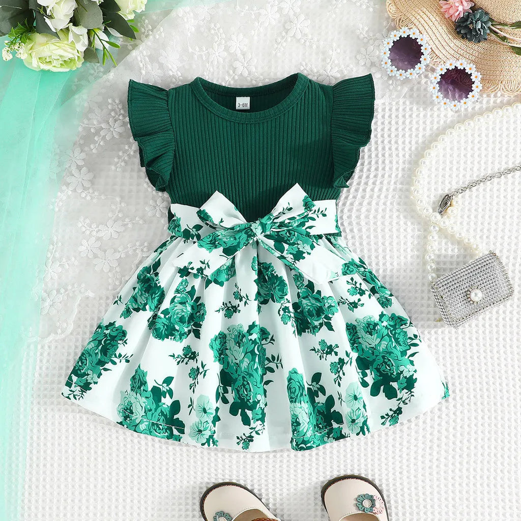 Vestido Infantil Verde com Estampa Floral e Laço