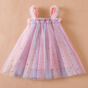 Vestido Infantil Rosa com Saia de Tule Arco-Íris