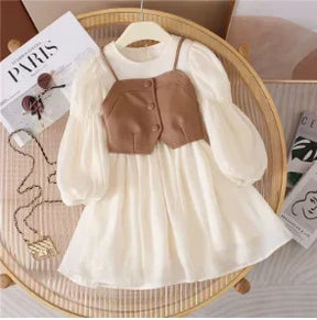 Vestido Infantil Creme com Colete Caramelo