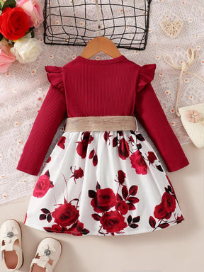 Vestido Infantil Manga Longa com Estampa de Rosas e Cinto Elegante