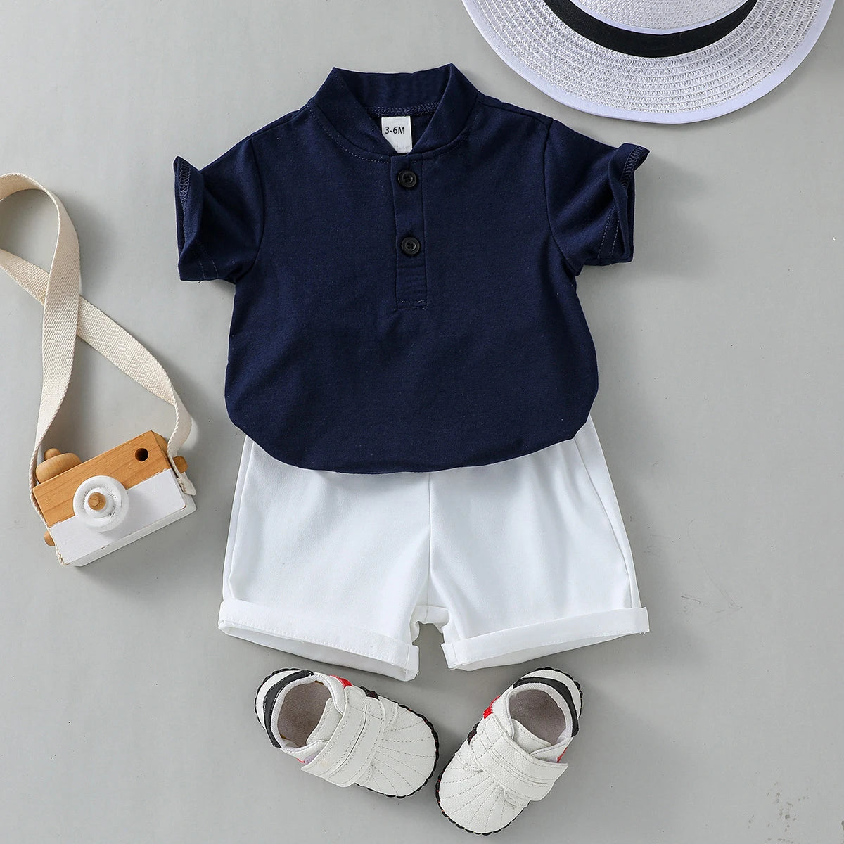 Conjunto Infantil Masculino Polo Azul Marinho e Bermuda Branca