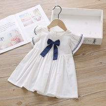 Vestido Infantil com Laço e Mangas Babado – Branco ou Azul Marinho