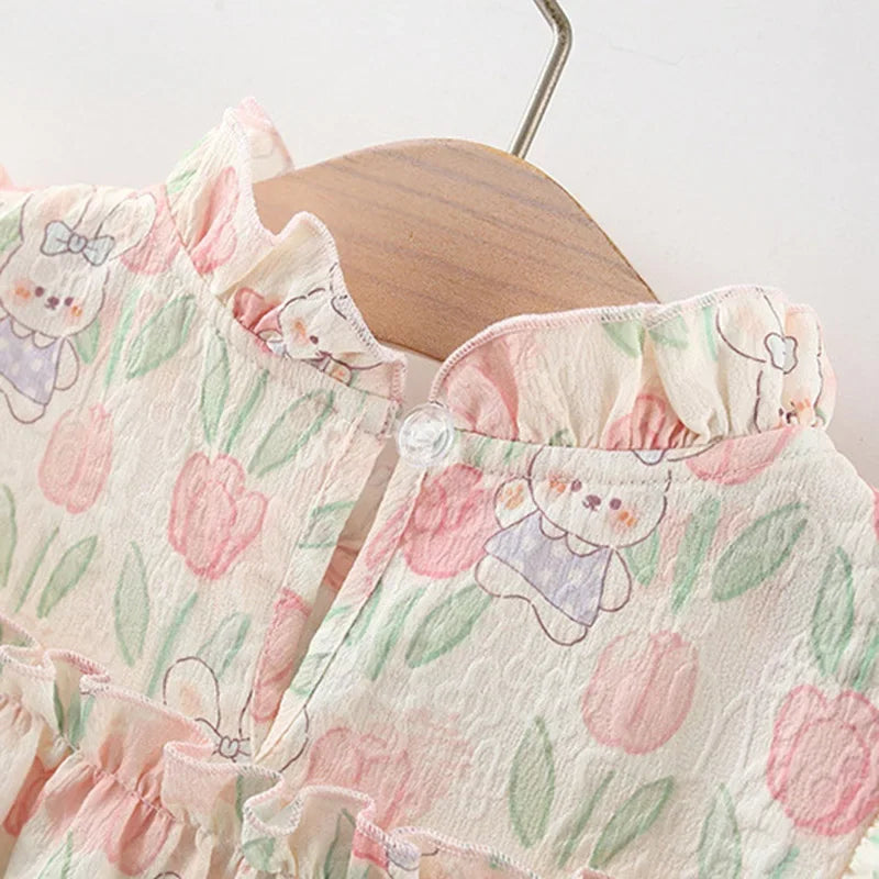 Vestido Infantil Feminino Estampado Coelhinhos e Flores com Laço – Conforto e Encanto para Todas as Ocasiões
