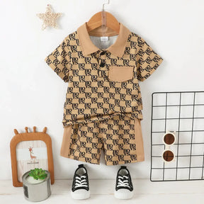 Conjunto Infantil Masculino Camisa Polo e Shorts Bege com Estampa