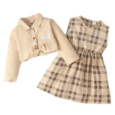 Conjunto Infantil Vestido Xadrez Bege com Casaco Cropped