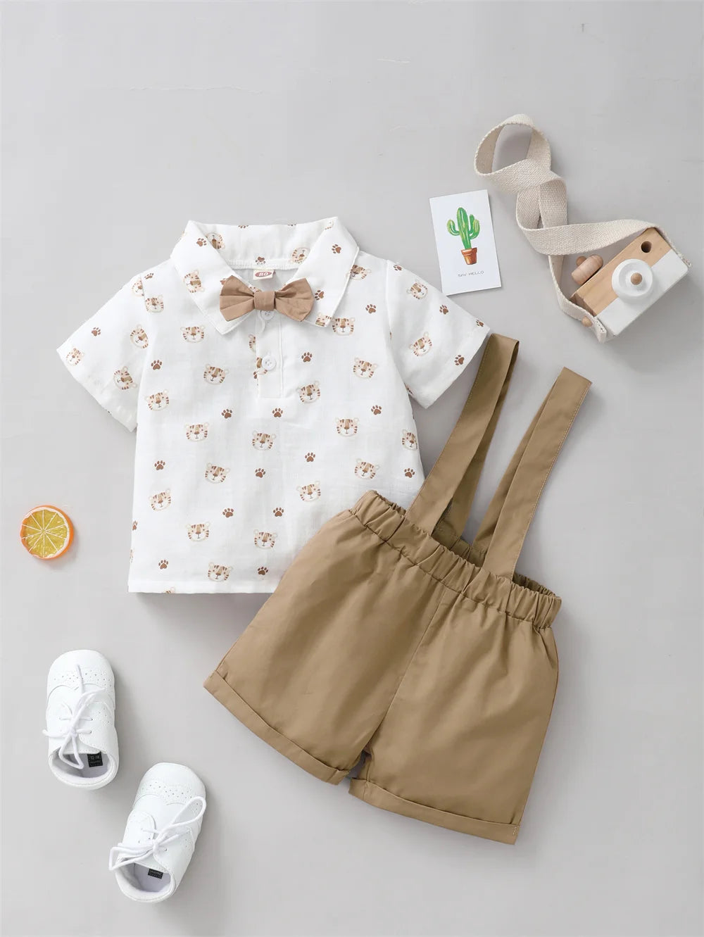 Conjunto Infantil Camisa Estampada com Suspensório e Gravata Borboleta