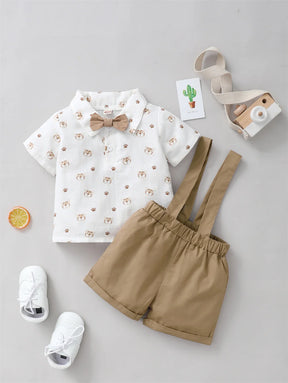 Conjunto Infantil Camisa Estampada com Suspensório e Gravata Borboleta