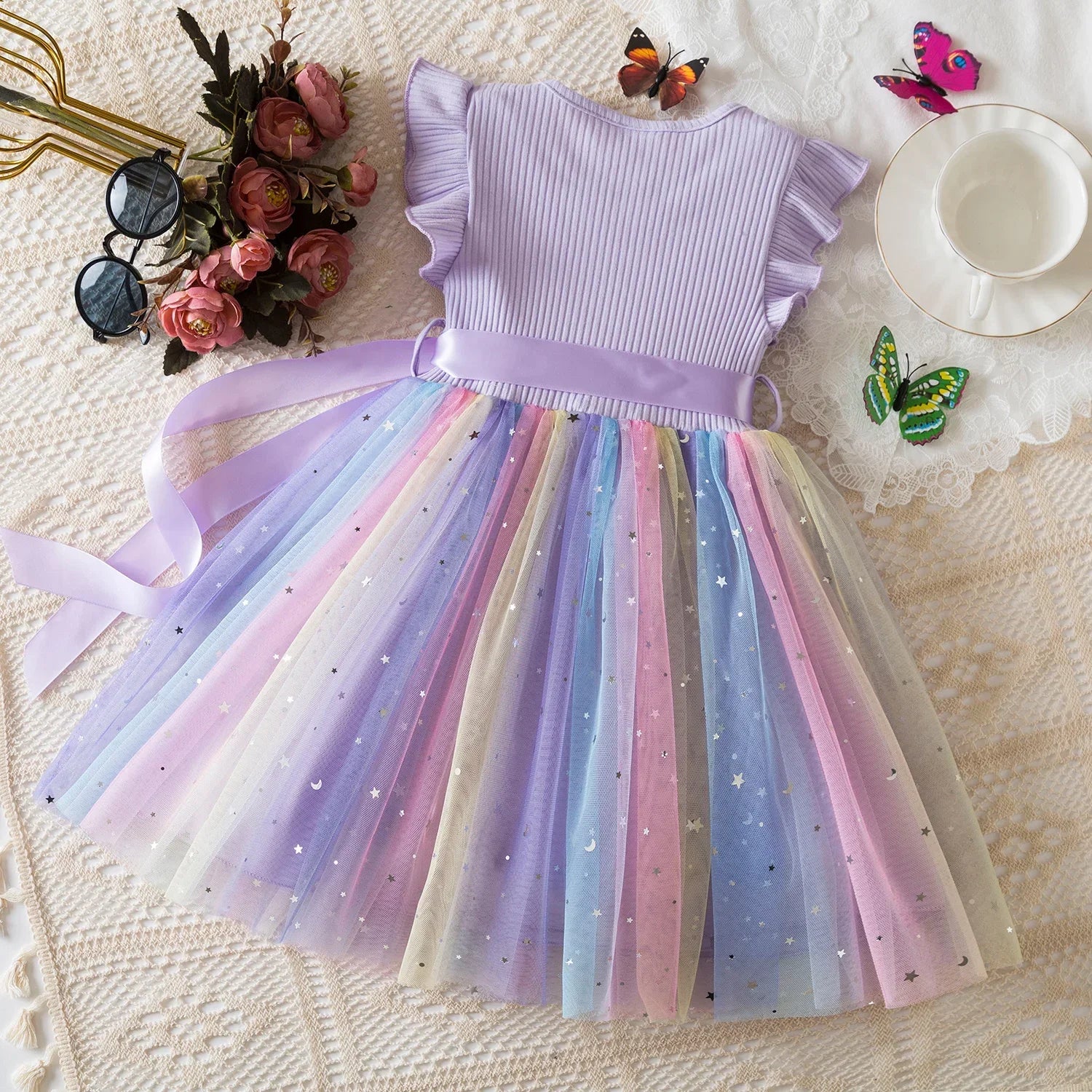 Vestido Infantil Rosa com Saia de Tule Arco-Íris