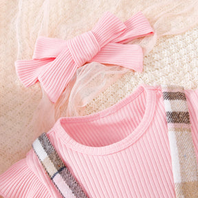 Conjunto Infantil Rosa com Saia Xadrez e Tiara