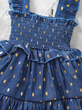 Vestido Infantil Jeans com Poás Dourados e Laço de Cabelo