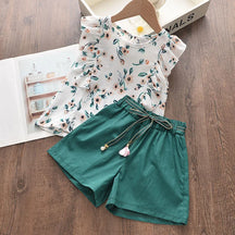 Conjunto Infantil Feminino Bear Leader – Blusa Floral com Babados e Short Verde