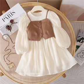 Vestido Infantil Creme com Colete Caramelo