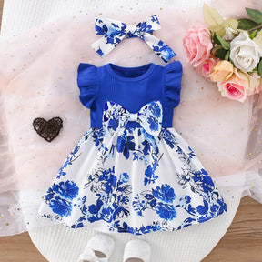 Vestido Infantil Floral Azul com Laço e Tiara