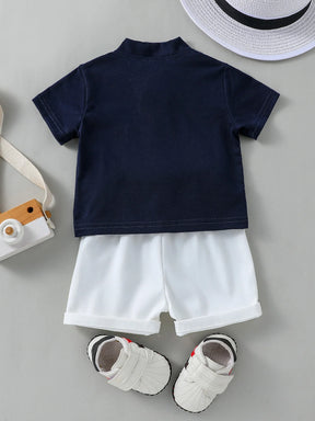 Conjunto Infantil Masculino Polo Azul Marinho e Bermuda Branca