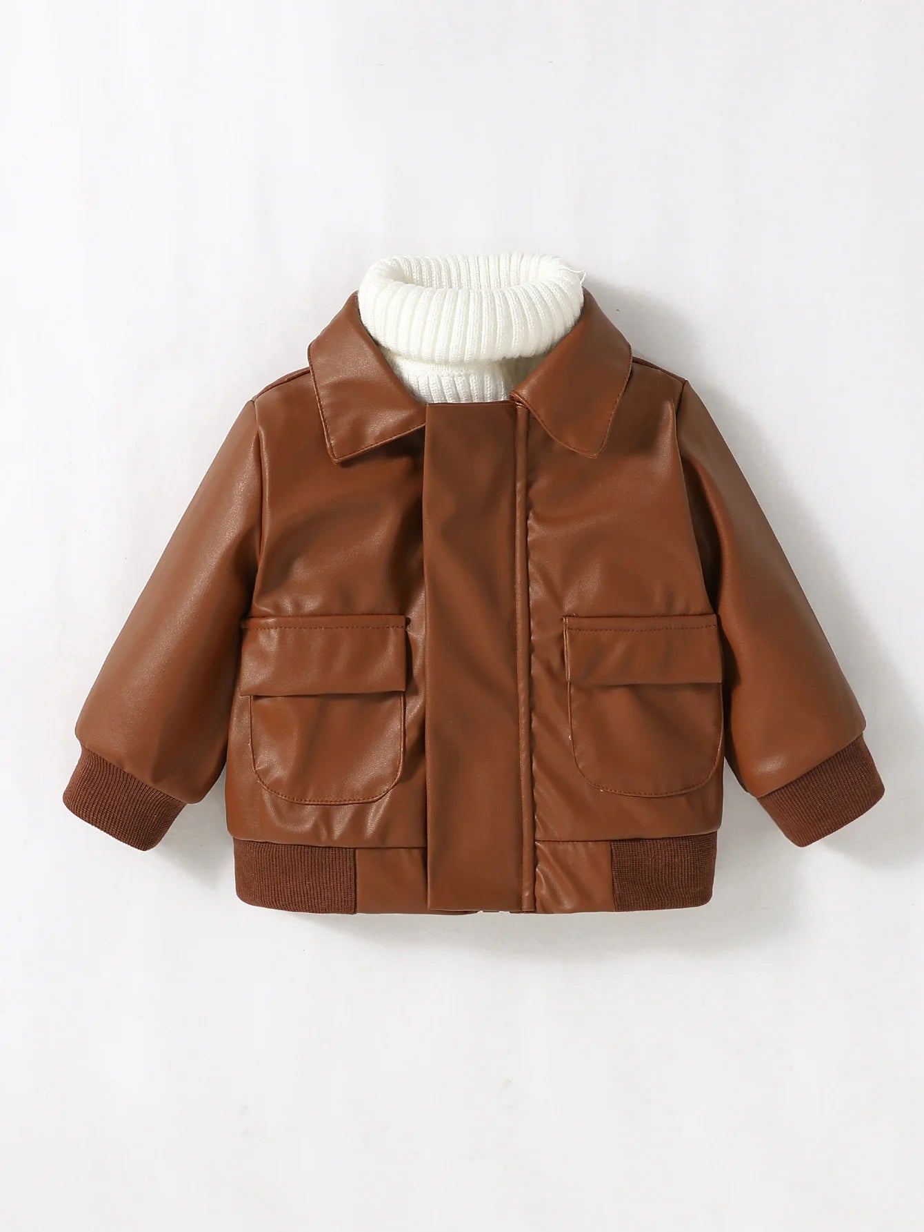 Jaqueta Infantil de Couro Sintético Marrom com Gola Camisada – Estilo Clássico para Dias Frios