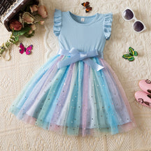 Vestido Infantil Rosa com Saia de Tule Arco-Íris