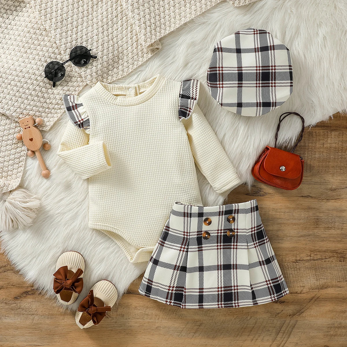 Conjunto Infantil Xadrez com Body de Manga Longa e Saia Plissada
