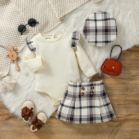 Conjunto Infantil Xadrez com Body de Manga Longa e Saia Plissada