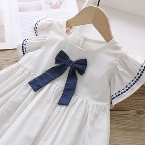 Vestido Infantil com Laço e Mangas Babado – Branco ou Azul Marinho