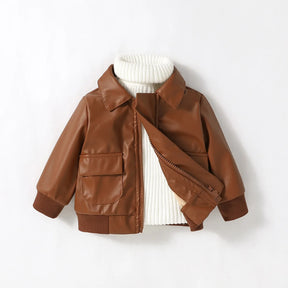 Jaqueta Infantil de Couro Sintético Marrom com Gola Camisada – Estilo Clássico para Dias Frios