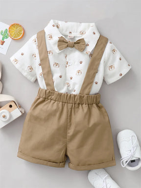 Conjunto Infantil Camisa Estampada com Suspensório e Gravata Borboleta