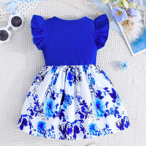 Vestido Infantil Floral Azul com Laço e Tiara