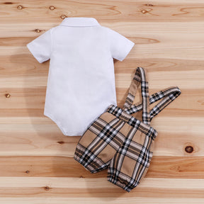Conjunto Infantil Masculino Body Ursinho com Suspensório Xadrez – Charme Clássico para Pequenos Cavalheiros