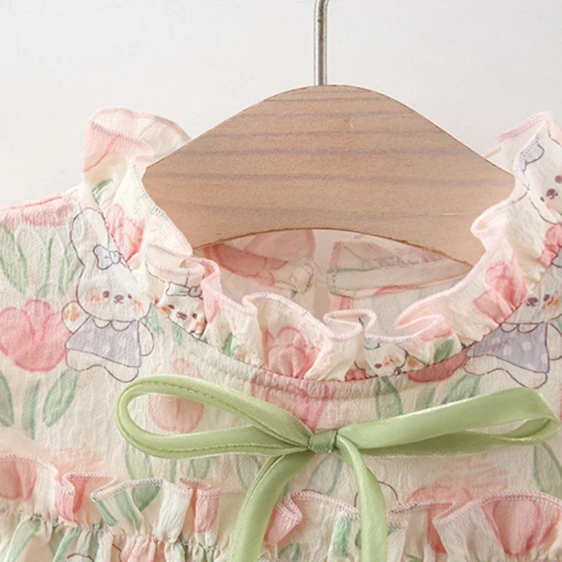 Vestido Infantil Feminino Estampado Coelhinhos e Flores com Laço – Conforto e Encanto para Todas as Ocasiões