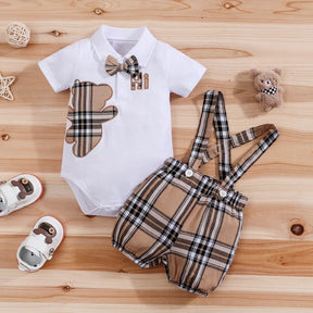 Conjunto Infantil Masculino Body Ursinho com Suspensório Xadrez – Charme Clássico para Pequenos Cavalheiros