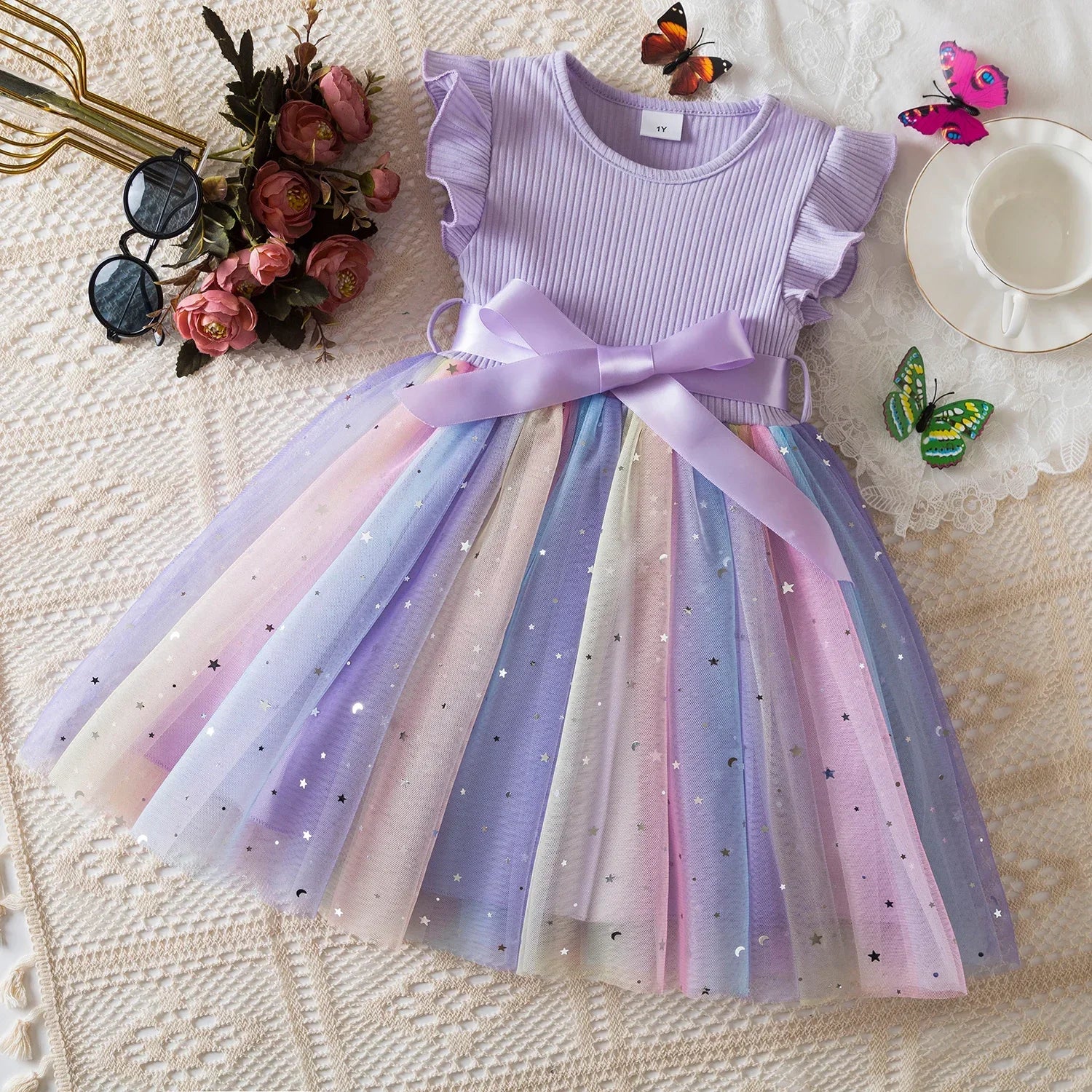 Vestido Infantil Rosa com Saia de Tule Arco-Íris